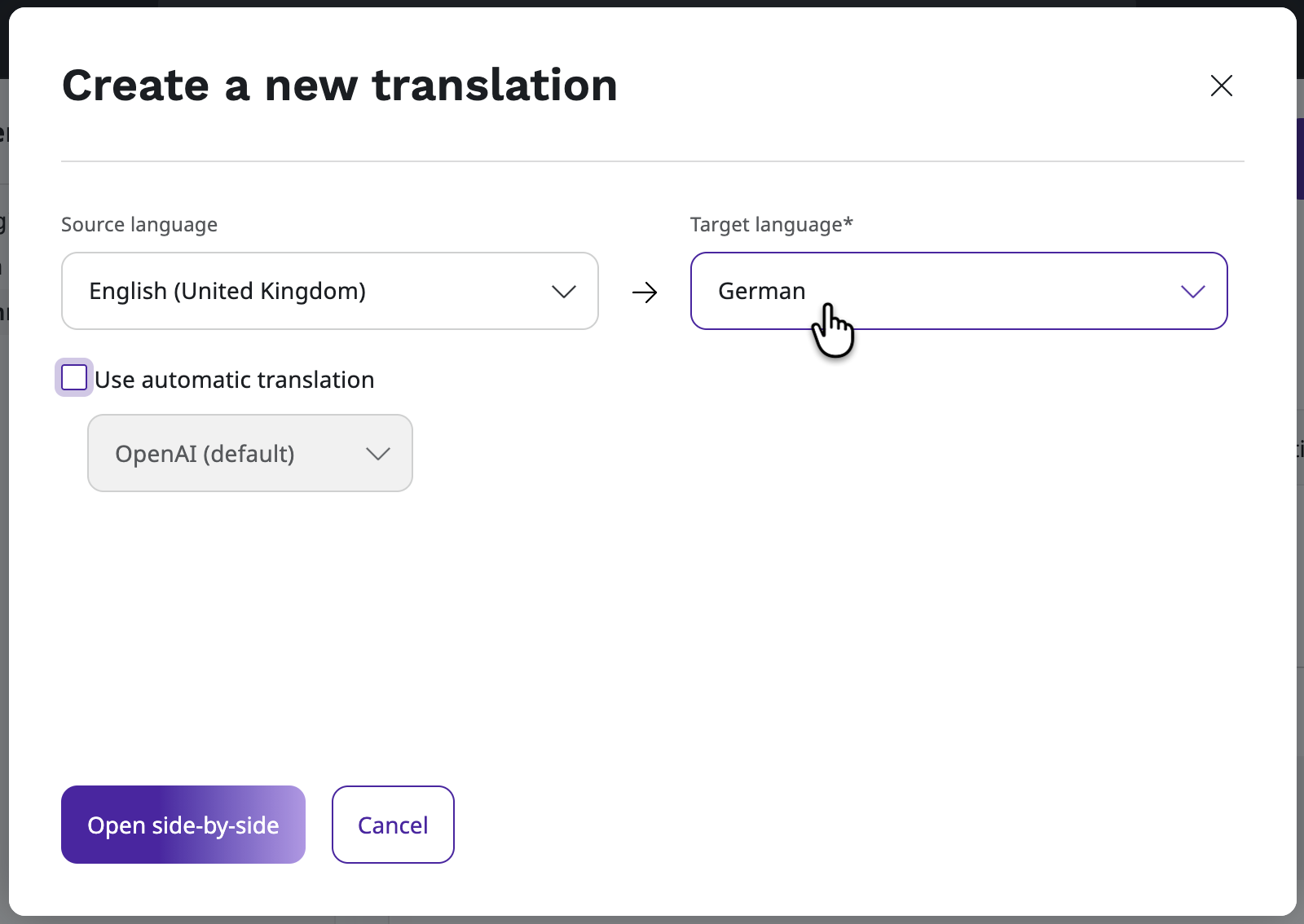 Create a new translation modal Create a new translation modal