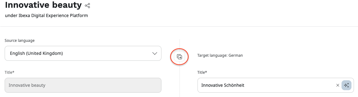 Copy all from source button in the middle of the side-by-side view Copy all from source button in the middle of the side-by-side view